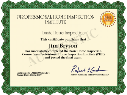 Home Inspection Certificate - Jim Bryson